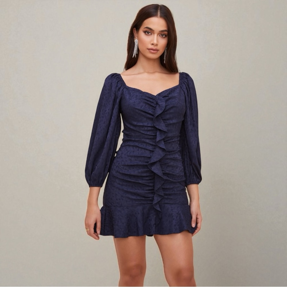 ASTR The Label Sweetheart Cinched Ruffle Front Navy Mini Dress Size Medium M